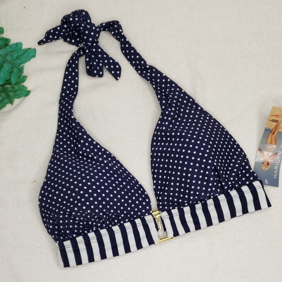 new L Women's Swimsuit Bikini Top Marilyn Monroe Navy & White Polka PinUp Retro - Picture 2 of 11